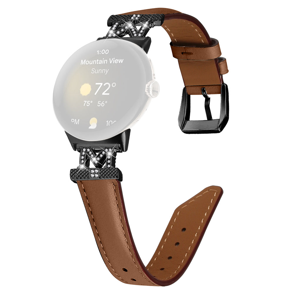 Watch Band for Google Pixel Watch Pixel Watch 2 Black Buckle Genuine Cowhide Leather Strap with M Shape Rhinestone Decor Watch Band for Google Pixel Watch Pixel Watch 2 Black Buckle Genuine Cowhide Leather Strap with M Shape Rhinestone Decor